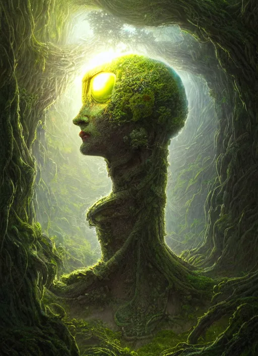 Image similar to Portrait of an Ancient Robot with a tree growing out of its head, patches of moss, translucent leaves, extremly detailed digital painting, in the style of Tomasz Alen Kopera and Fenghua Zhong and Peter Mohrbacher, mystical colors, rim light, beautiful lighting, 8k, stunning scene, raytracing, octane, trending on artstation