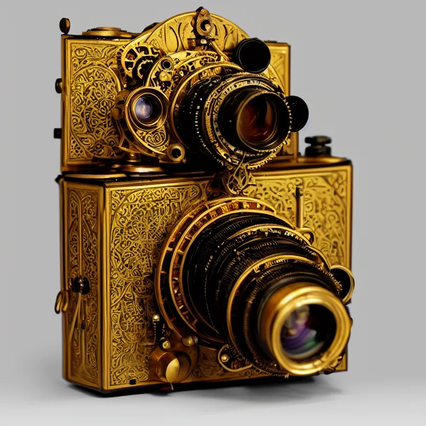 Prompt: photograph of a very very beautiful steampunk gold and wood medium format camera!!. plain grey background. centered. highly detailed. brass lens. artstation, concept art, symmetry, smooth, sharp focus, art by john singer sargent and and mucha by theodore ralli and nasreddine dinet and anders zorn and nikolay makovsky and edwin long