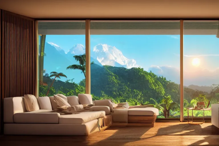 Image similar to big window, mountains in background, cloud forest in background, tropical beach in background, sunset, warm golden hour lighting, holiday vibes, living room, furniture, IKEA catalogue, futuristic, ultra realistic, ultra detailed, cinematic light, anamorphic, wooden floored balcony, by Paul Lehr