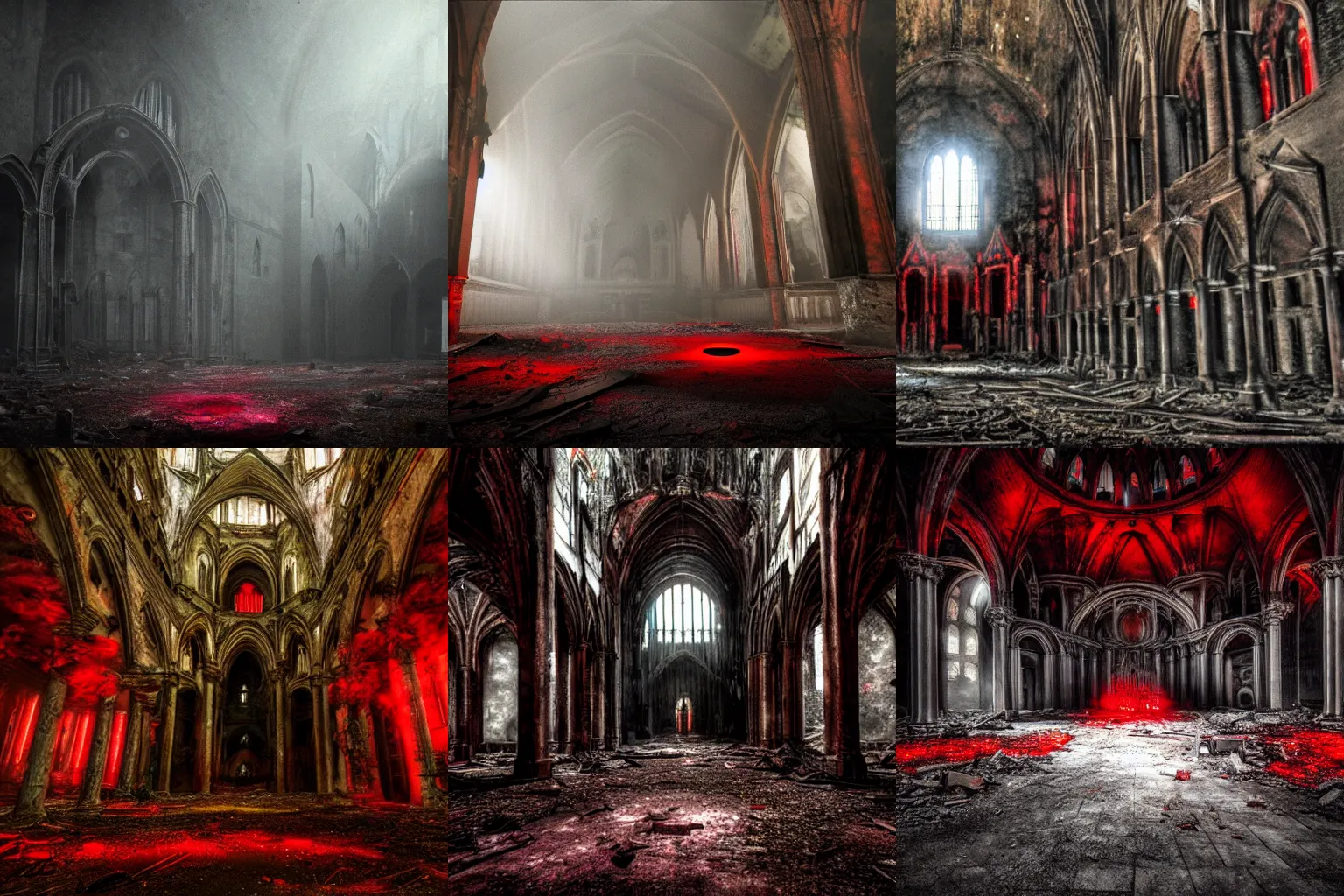 Prompt: Monster with red glowing eyes inside a giant abandoned cathedral, dark, mist, realistic,