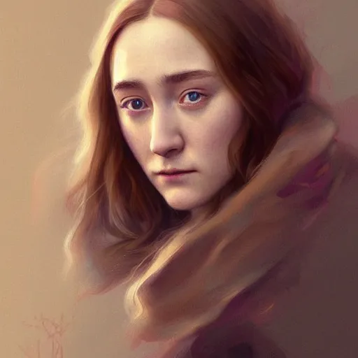 Image similar to portrait of Saoirse Ronan highly detailed, digital painting, artstation, smooth, sharp focus, illustration, art by artgerm and greg rutkowski and alphonse mucha