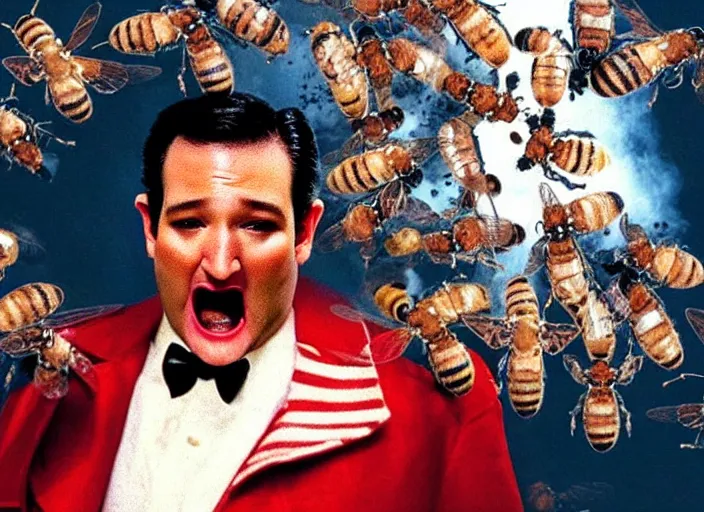 Image similar to film still of ted cruz as the candyman with bees coming out of his mouth in candyman 1 9 9 2