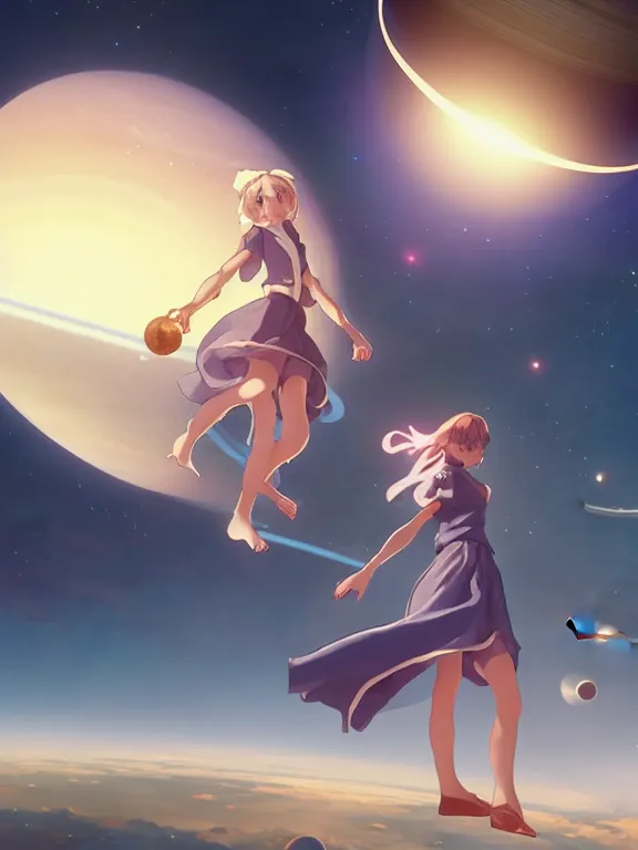 Image similar to a godly, wise, powerful giant girl wearing a skirt in space holding a model of a Saturn in her left hand. Soft lighting, cosmic skies, stunning, 8K, no planets, octane render. By Makoto Shinkai, Stanley Artgerm Lau, WLOP, Rossdraws, James Jean, Andrei Riabovitchev, Marc Simonetti, krenz cushart, Sakimichan, D&D trending on ArtStation, digital art.