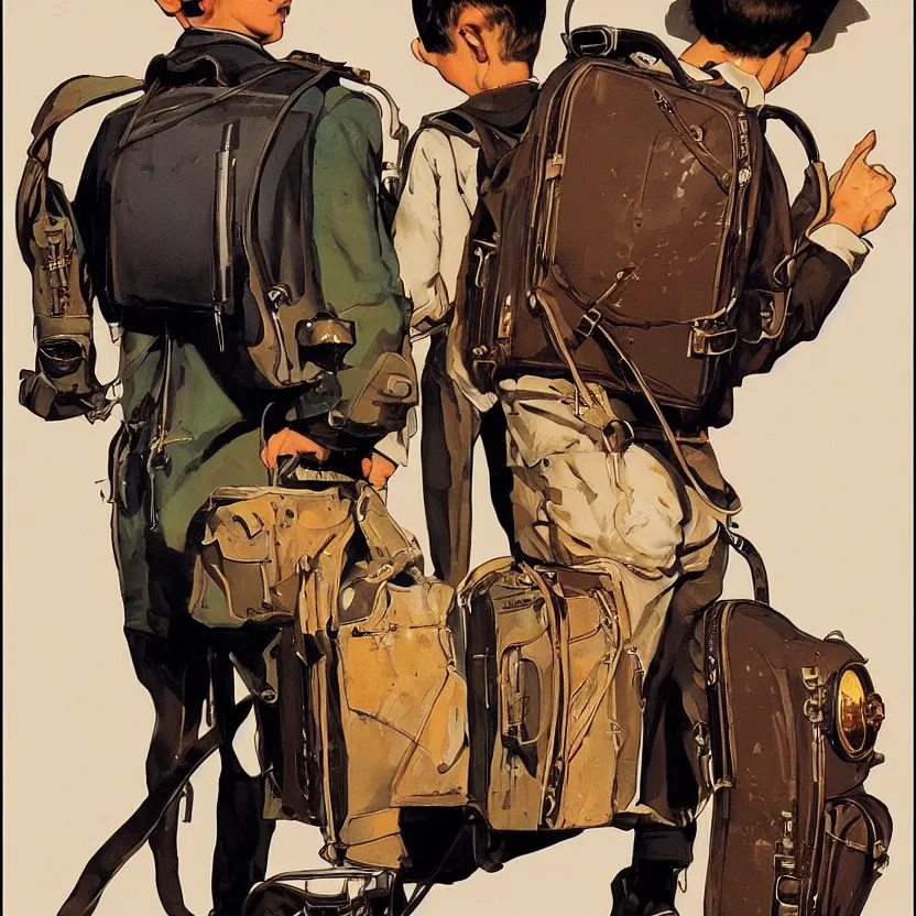 Image similar to a boy with a steampunk retrofuturistic backpack by syd mead and norman rockwell. highly detailed digital art. retrofuturism. steampunk. beautiful lighting. trending on artstation.