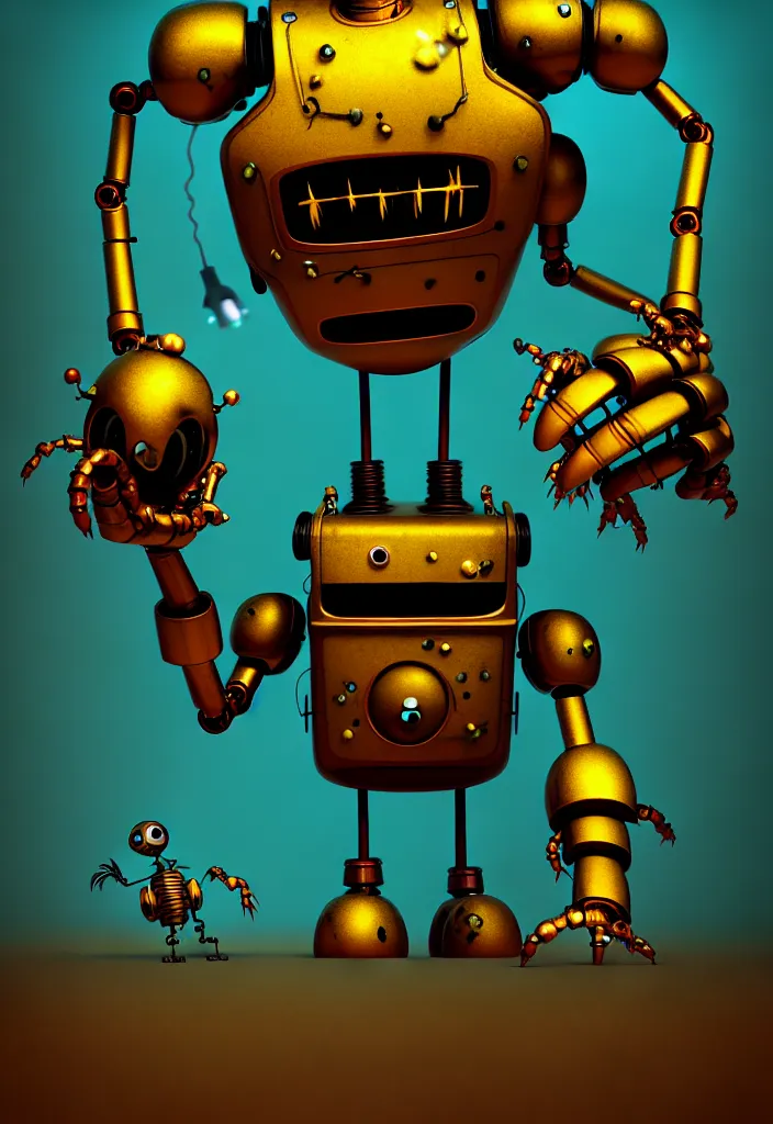 Image similar to , grotesque despair cute monster smooth paneling, golden robotic chest, with damaged rusty arms, broken antenna, recycled, floating, dystopia, oil, mechanical, toy, ambient light, in the style of pixar animation, pokedstudios, blender, octane render, 8 k, gediminas pranckevicius