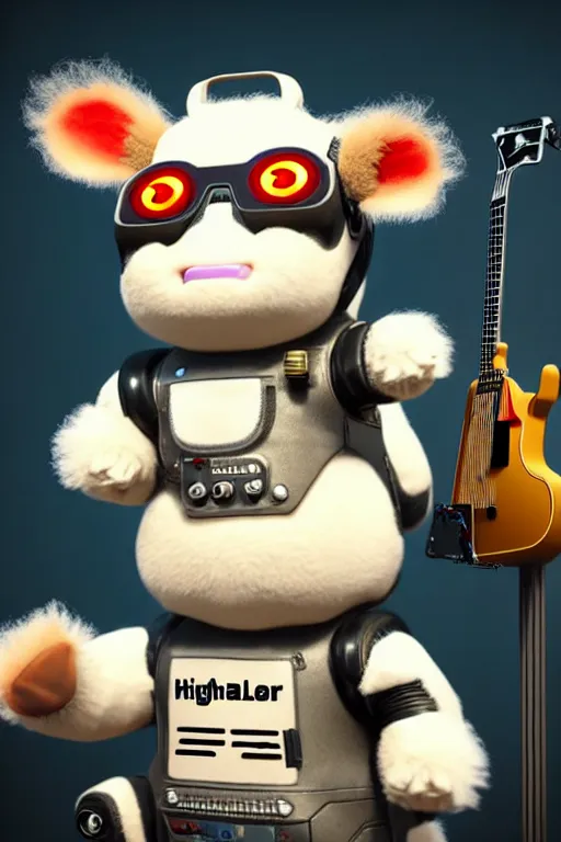 Image similar to high quality 3 d render very cute fluffy! cyborg cow plays guitar, cyberpunk highly detailed, unreal engine cinematic smooth, in the style of blade runner & detective pikachu, hannah yata charlie immer, moody light, low angle, uhd 8 k, sharp focus