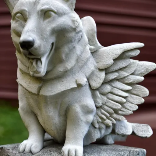 Prompt: corgi gargoyle with wings made of stone, uncropped, photography