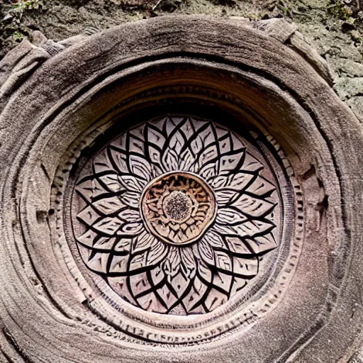 Image similar to mandala carved into the side of a mountainside
