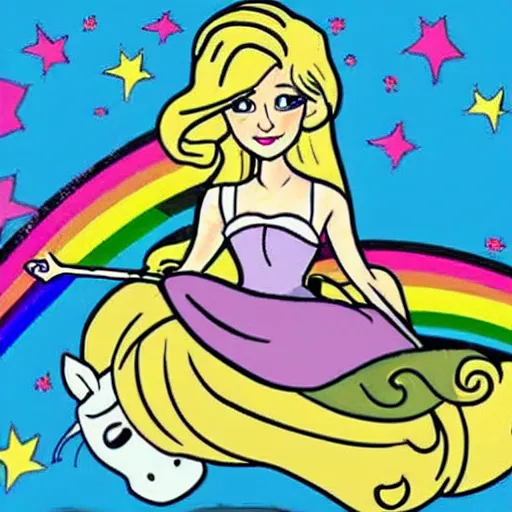 Prompt: a princess with extremely long blond hair from a cartoon riding a unicorn over a rainbow drawn as gta