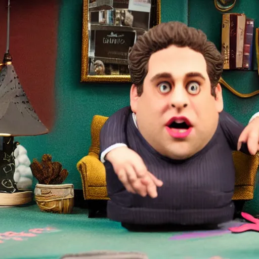 Image similar to a claymation figure of jonah hill, designed by tim burton, studio photography