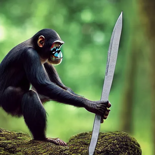 Image similar to An bipedal chimp in warrior robes wielding a sword, photograph, photorealistic, 8k intricate detail, by Frans Lanting,