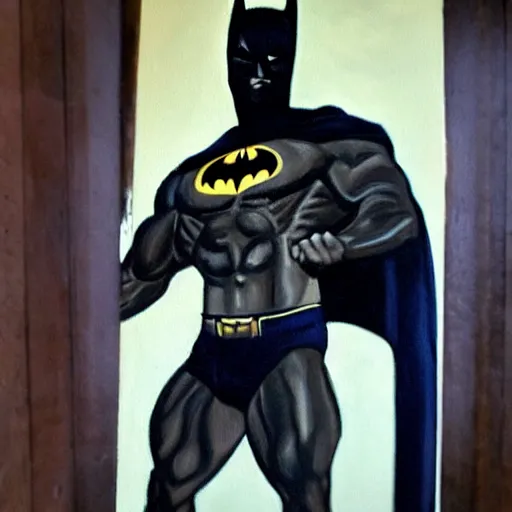 Prompt: A portrait painting of a masculine bodybuilder in the clothing of the Batman