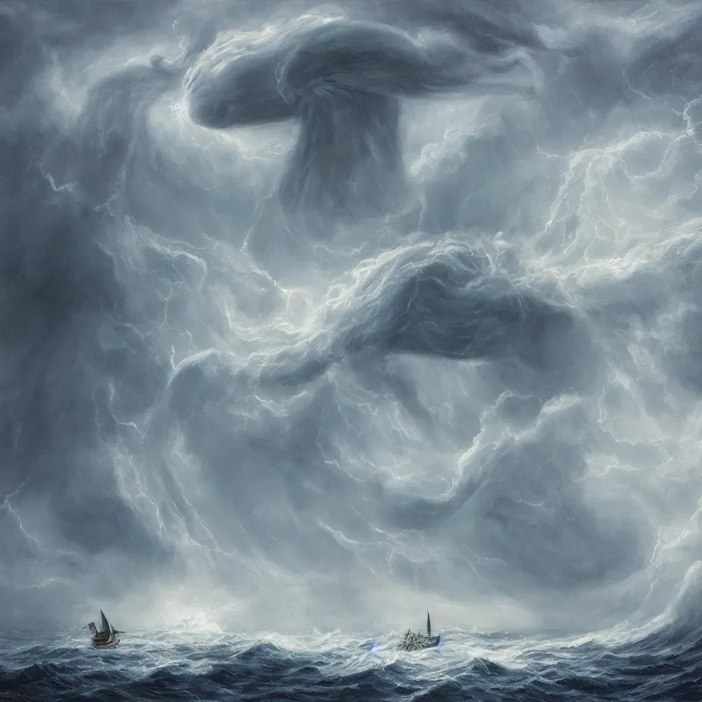 Prompt: a fantasy book style portrait of a giant squid, stormy sea, giant waves, lightning in the background, small boat, oil painting, 4 k