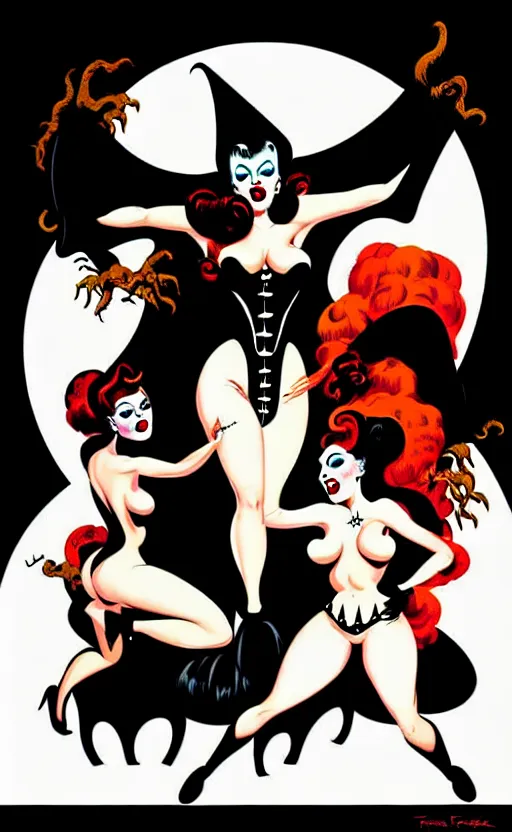 Prompt: witches sabbath, burlesque psychobilly, rockabilly, punk, white background, vector art, illustration by frank frazetta