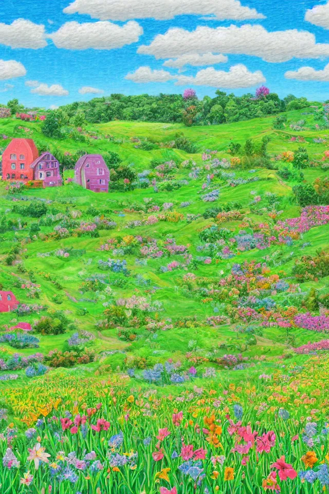 Prompt: a countryside in spring, green hills and blue sky with patches of clouds, nature in all its beauty, some houses in the background, star - shaped flowers in the foreground, digital painting, colored pencil, detailed,