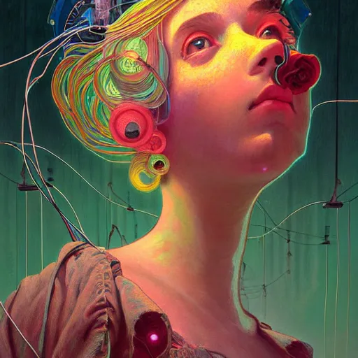 Prompt: a beautiful portrait painting of a ( cottagecore ) girl covered with wires by simon stalenhag and pascal blanche and alphonse mucha!! and nekro!! and josan gonzalez in style of digital art. colorful comic, film noirs, pencil stroke, vibrating colors, hyper detailed. octane render. trending on artstation
