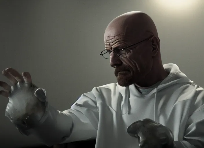 Image similar to walter white approaching venom, ultra realistic 4 k unreal engine very cinematic render with ray tracing bloom ambient occlusion strong reflections depth of field fog