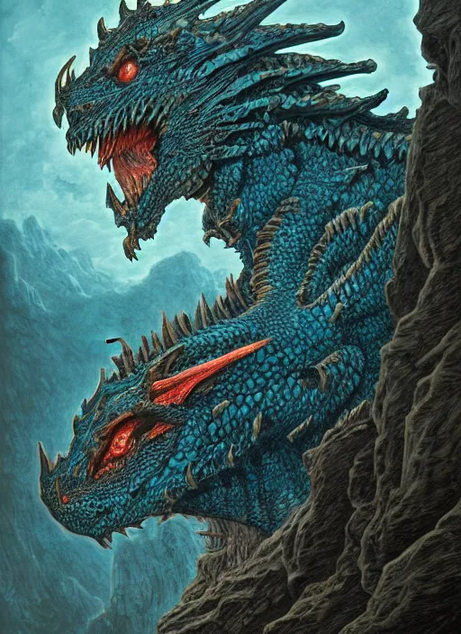 Image similar to a photographic portrait of a dragon by gustave dore and raphael lacoste and dan mumford, trending on artstation, a leopard!! - like sea beast, a two - horned earth beast, natural earth tone colors, cerulean blue, cyan, red