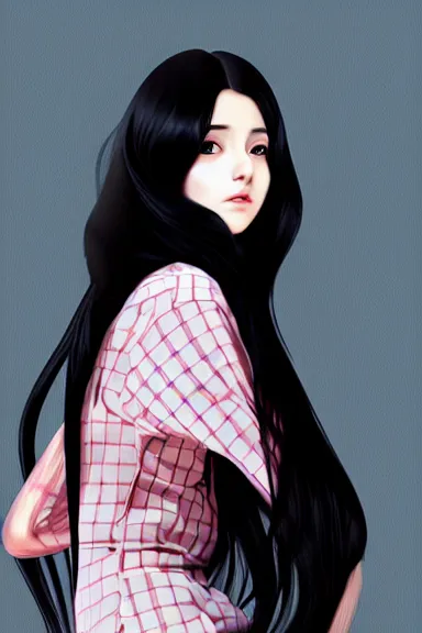 Prompt: mysterious girl with her long black hair dressed in a chequered robe anime art style, digital art by ilya kuvshinov, inspired by balthus, hd, 4 k, hyper detailed