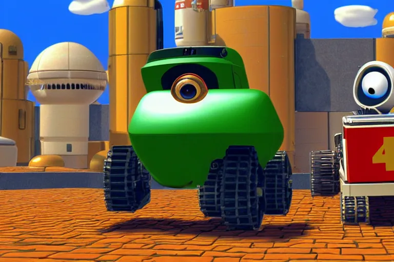 Image similar to wall - e in super mario 6 4, heavy detailed, ultra high definition quality, super mario 6 4 game engine graphics