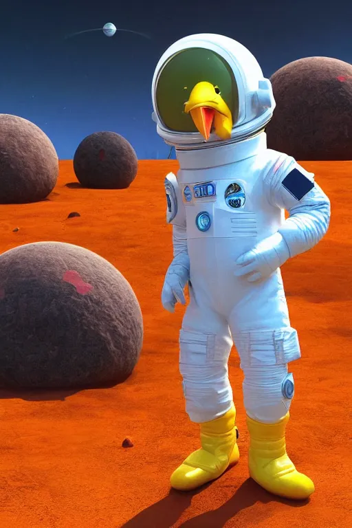 Image similar to a lonely chicken wearing a space suit without helmet in a alien planet, profile picture, digital art, concept art, trending on DeviantArt, highly detailed, high quality, 4K, cartoon, high coherence, path traced, blue sky in the background, octane render, digital painting, no helmet, masterpiece, anatomically correct, hyperrealistic