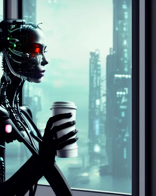 Image similar to a terminator cyborg lady with borg implants is drinking coffee near a window with dystopian city visible outside. tiny green led lights in her cybernetics. very detailed 8 k. horror cyberpunk style.