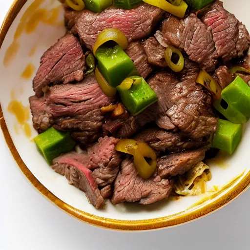 Prompt: a photograph of a bowl of chopped steak, 8 k, mouthwatering, award - winning photography, focus