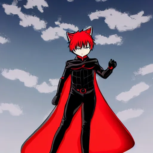 Image similar to little boy with cat ears in an black latex suit with red cape. digital artwork made by kohei horikoshi, inspired by western comic