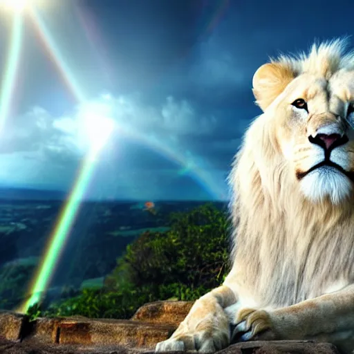 Prompt: Coherent 8k photorealistic close up shot of white lion overlooking a heavenly blissful landscape with a large luminous rainbow overarching the landscape behind the lion in the sun showery sky