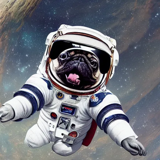 Image similar to hyper realistic, highly detailed, astronaut pug in space.