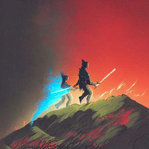 Image similar to torch wielding mob walking up a hill at night. Artwork by Frank Frazetta and dan Mumford. Horror feeling. Red and blue color scheme