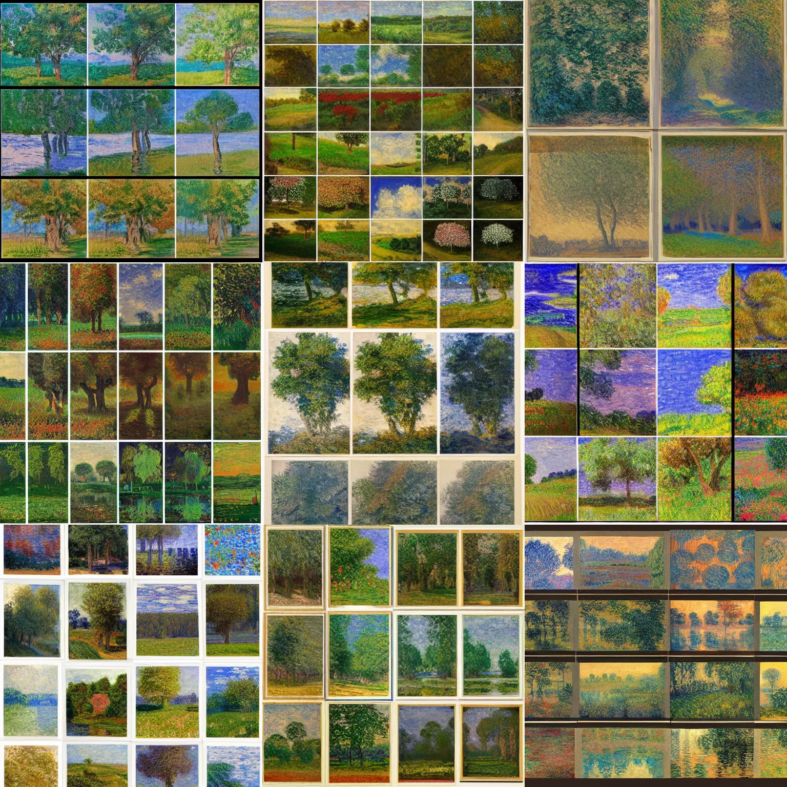 Prompt: nine images arranged in three rows and three columns each containing 9 images of : a tree in the style of monet, ultra detailed, intricate