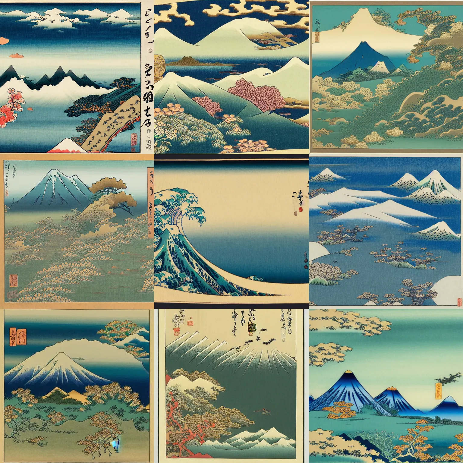 Prompt: A land full of grass and flower with mountains in the back with flying dragon in the sky in the style of Hokusai