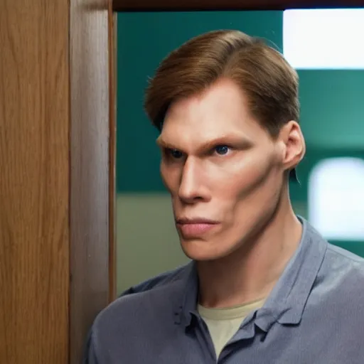 Image similar to Live Action Still of Jerma in Back to School, real life, hyperrealistic, ultra realistic, realistic, highly detailed, epic, HD quality, 8k resolution, body and headshot, film still