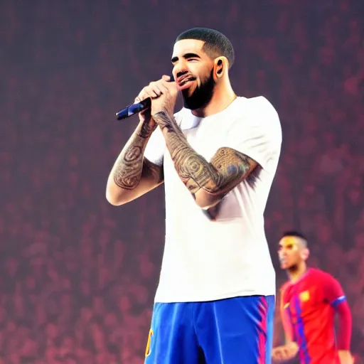 Prompt: Drake performing at the Camp Nou