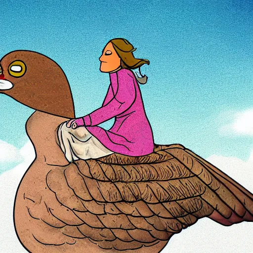 Image similar to Digital art of a woman riding a giant pigeon in the sky