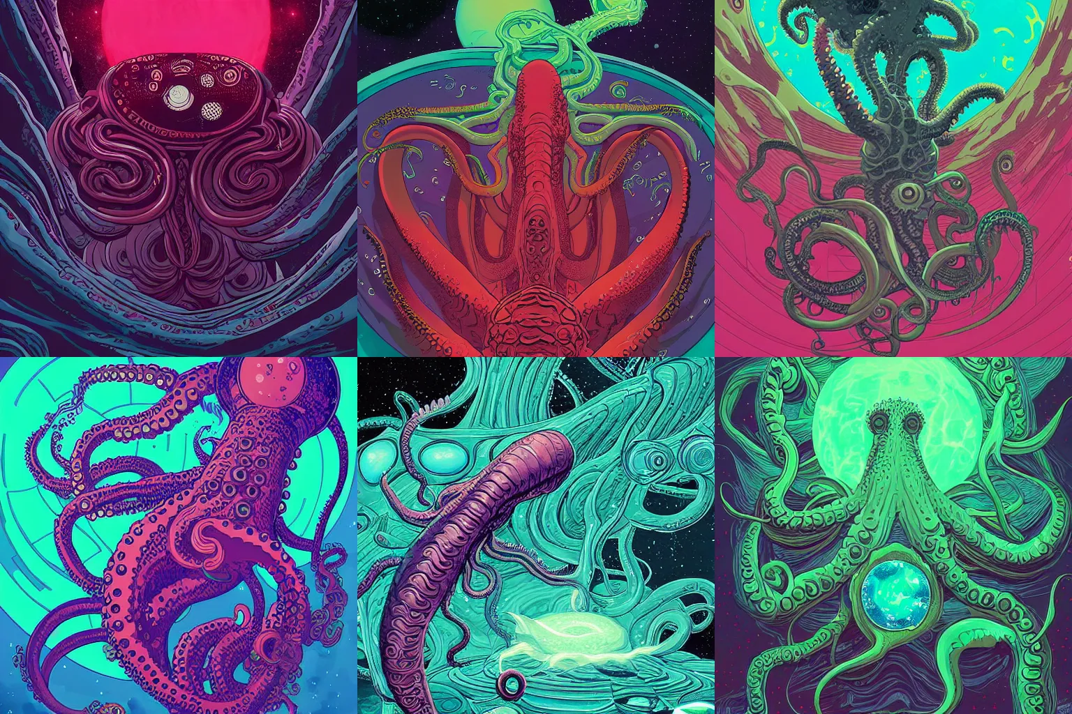 Prompt: digital painting of an elder god in space by Tomer Hanuka, hyperdetailed, tentacles, eldritch abomination, vivid colors, beautiful, trending on Artstation