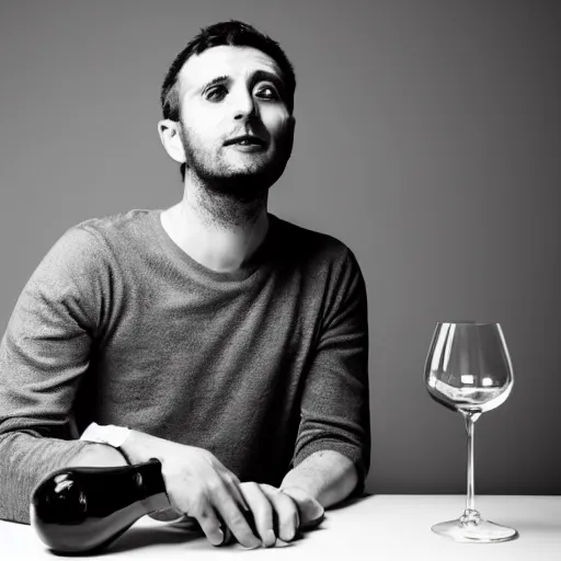 Image similar to portrait of a 3 0 years old frenchman in 2 0 2 0 seated at a table with a bottle of wine. award winning photography, 5 0 mm, studio lighting, black and white, contrasted.