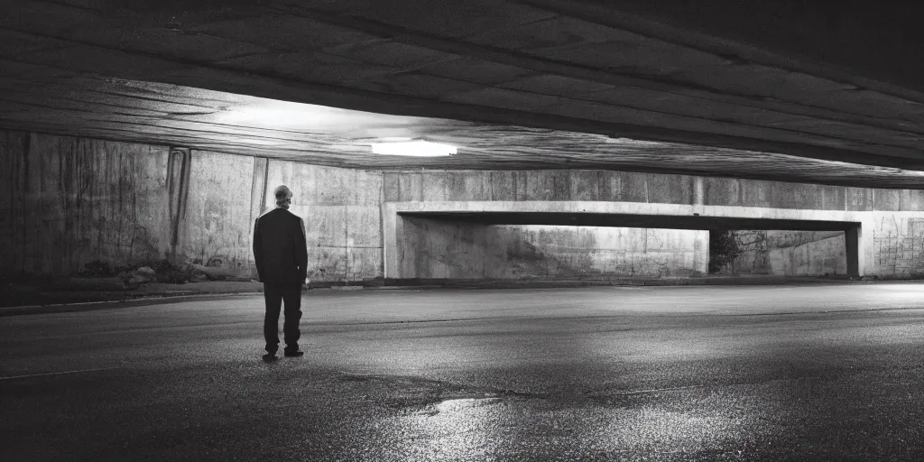 Prompt: a photo of the side of Walter White under a bridge late at night , cinematic,