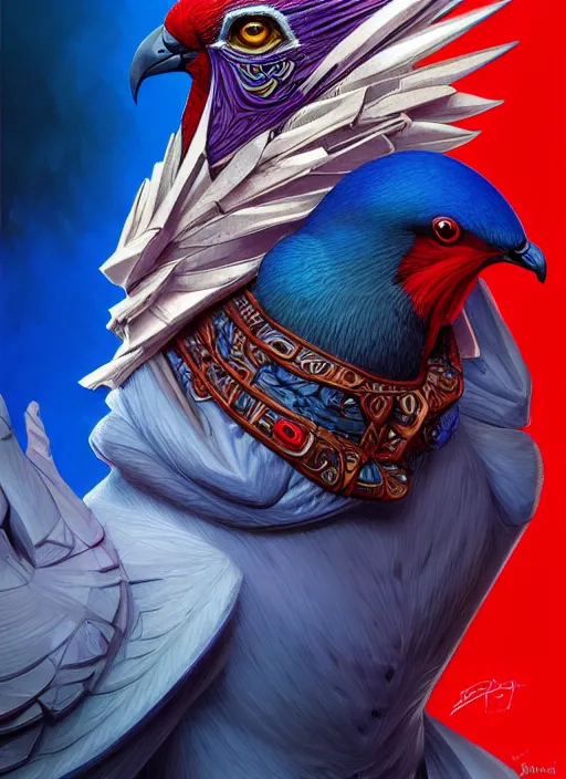 Image similar to portrait of aggressive pigeon humanoid, d & d, muscular! blue and red, fantasy, intricate, elegant, highly detailed, digital painting, artstation, concept art, smooth, sharp focus, illustration, art by artgerm and greg rutkowski and alphonse mucha