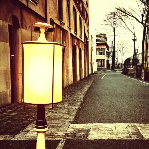 Prompt: lonely old lantern on empty modern street around trees brunches at night