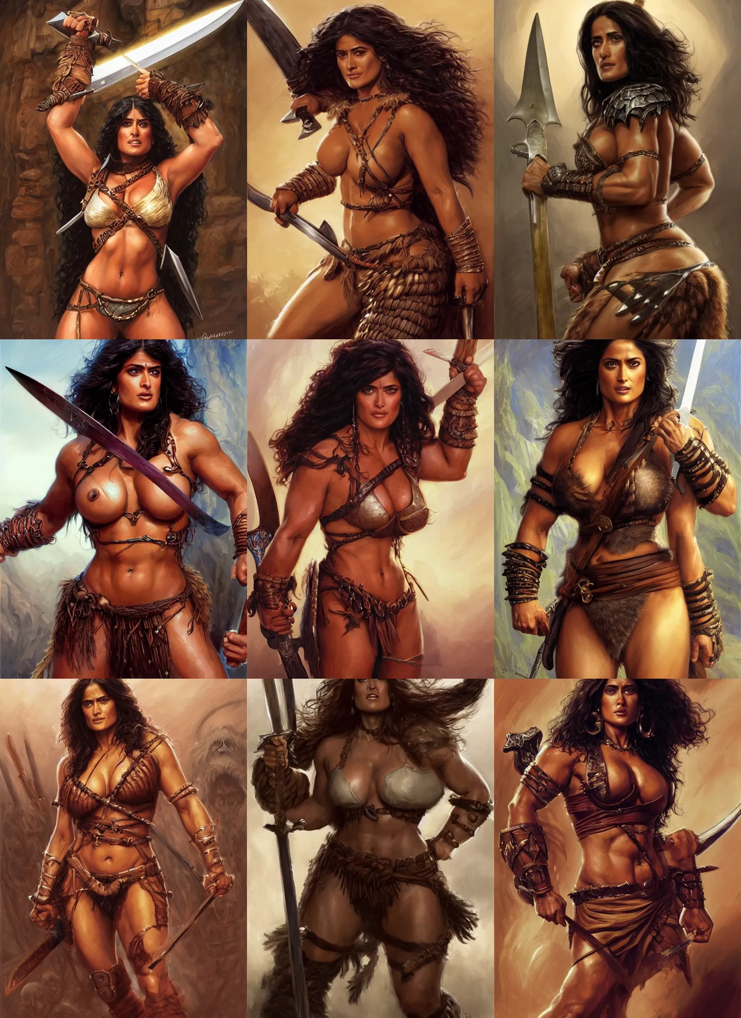 Prompt: portrait of very muscled Salma Hayek as barbarian with sword drawn hiding from a few scary creepy mummies, elegant, highly detailed, centered, digital painting, artstation, concept art, artgerm, donato giancola, Joseph Christian Leyendecker, WLOP, Boris Vallejo, Artgerm