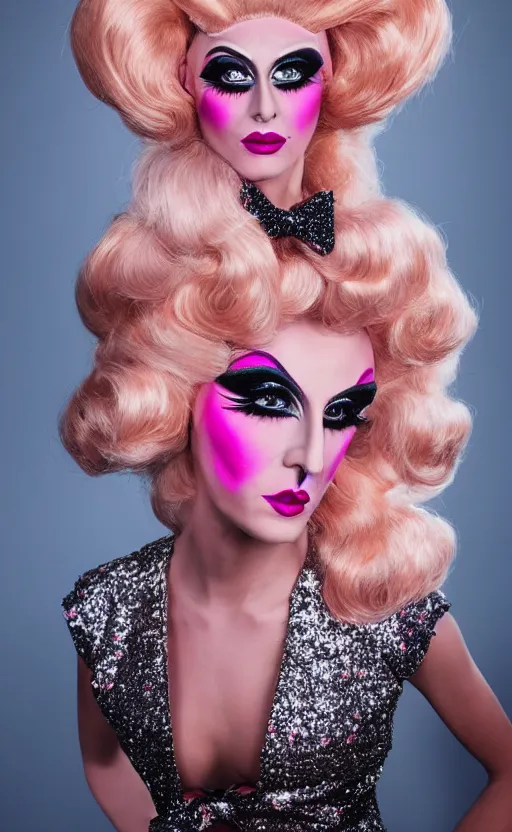 Image similar to 4k art deco portrait of a drag queen with an expression of shock and surprise wearing: heavy drag makeup, pink glitter bodysuit, huge blonde wig with bouffant hairdo, a pink oversized bow on top of wig