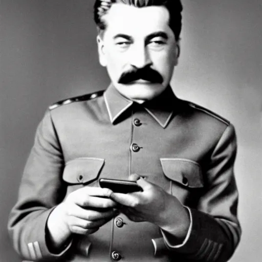 Image similar to Stalin holding an iPhone, studio photography, 1940
