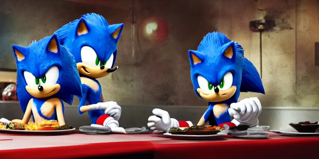 Image similar to A render of Sonic the Hedgehog sitting across from Shadow the Hedgehog at a restaurant, Sonic looks like he is shocked, Shadow is looking away in disgust, they both have hamburgers in front of them on a plate, movie, HDR, moody lighting, unique camera angle from the end of the table and between the two of them, candle lighting that is glowing on their faces