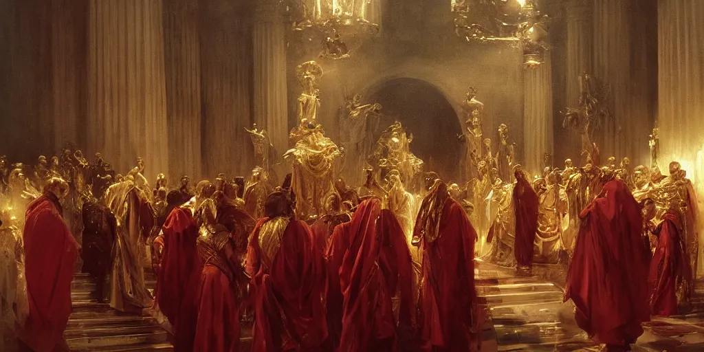 Image similar to beautiful oil matte portrait painting, steve buscemi in royal crimson robes enthroned as the god emperor of ancient rome surrounded by servants in gilded halls a golden wreath upon his head, by anders zorn, wonderful masterpiece by greg rutkowski, beautiful cinematic light, american romanticism, by thomas lawrence, greg rutkowski