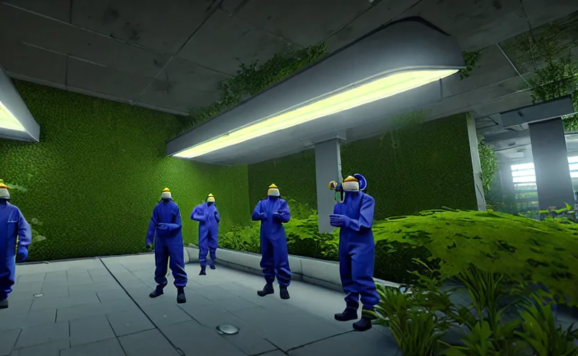 Image similar to in-game screenshot of a group of hazmat scientists on unreal engine 5, in a liminal underground garden, photorealistic, retrofuturism, brutalism, staggered terraces, minimalist, soft vintage glow
