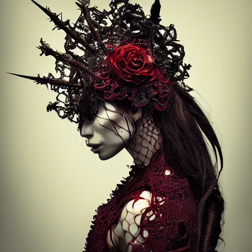 Image similar to a female harkonen model by stefan geselle and nekro borja, photorealistic, biomechanical, red lace, intricate details, hyper realistic, ornate headpiece, photorealistic, canon r 3, photography, wide shot, photography, dark beauty, symmetrical features