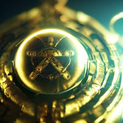 Prompt: hyperrealistic closeup of a mysterious magical golden artifact with glowing runes, blurry background, bokeh, octane render, artstation, 8k, HDR