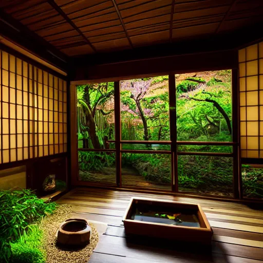 Image similar to inside a cozy dark wooden Japanese house with a indoor koi pond at night raining, bonsai trees, fireflies, wild flowers, raining, bamboo forest, night time